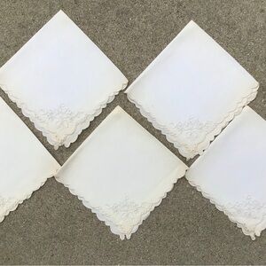 Set of 5 Vintage White Embroidered Napkins with Scalloped Edges